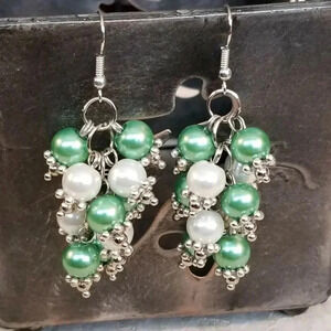 Edgy Bali Style Glass Grape Bunch Dotted Accent Green White Silver Earrings